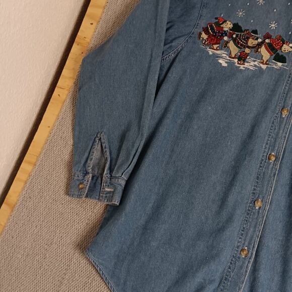 Bobbie Brooks Vintage Denim Shirt Womens Size M Blue X-Mas Bears Embroidered - Picture 4 of 15